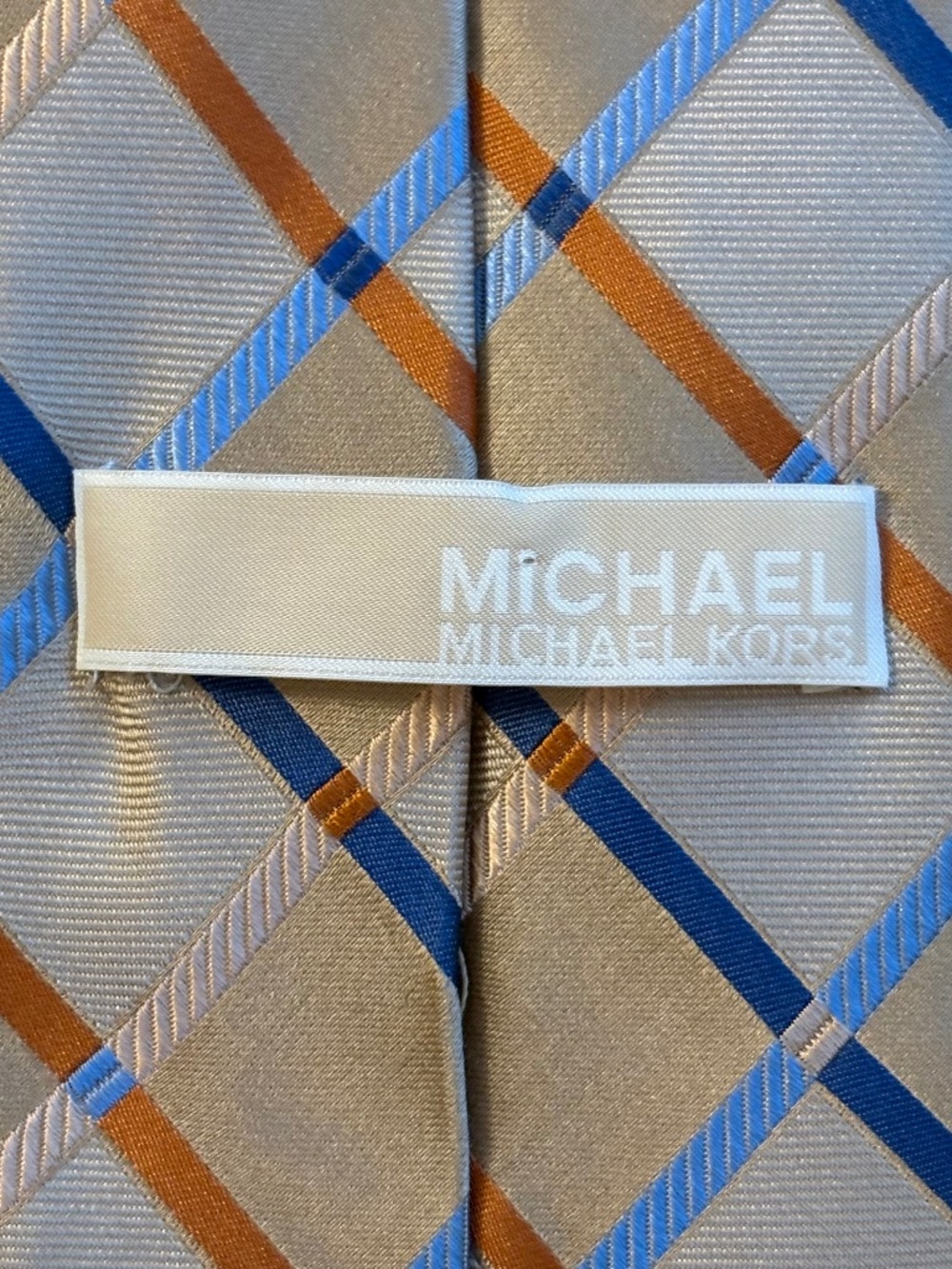 Michael Kors Men’s Silk Blend Plaid Necktie – Grey, Blue & Orange